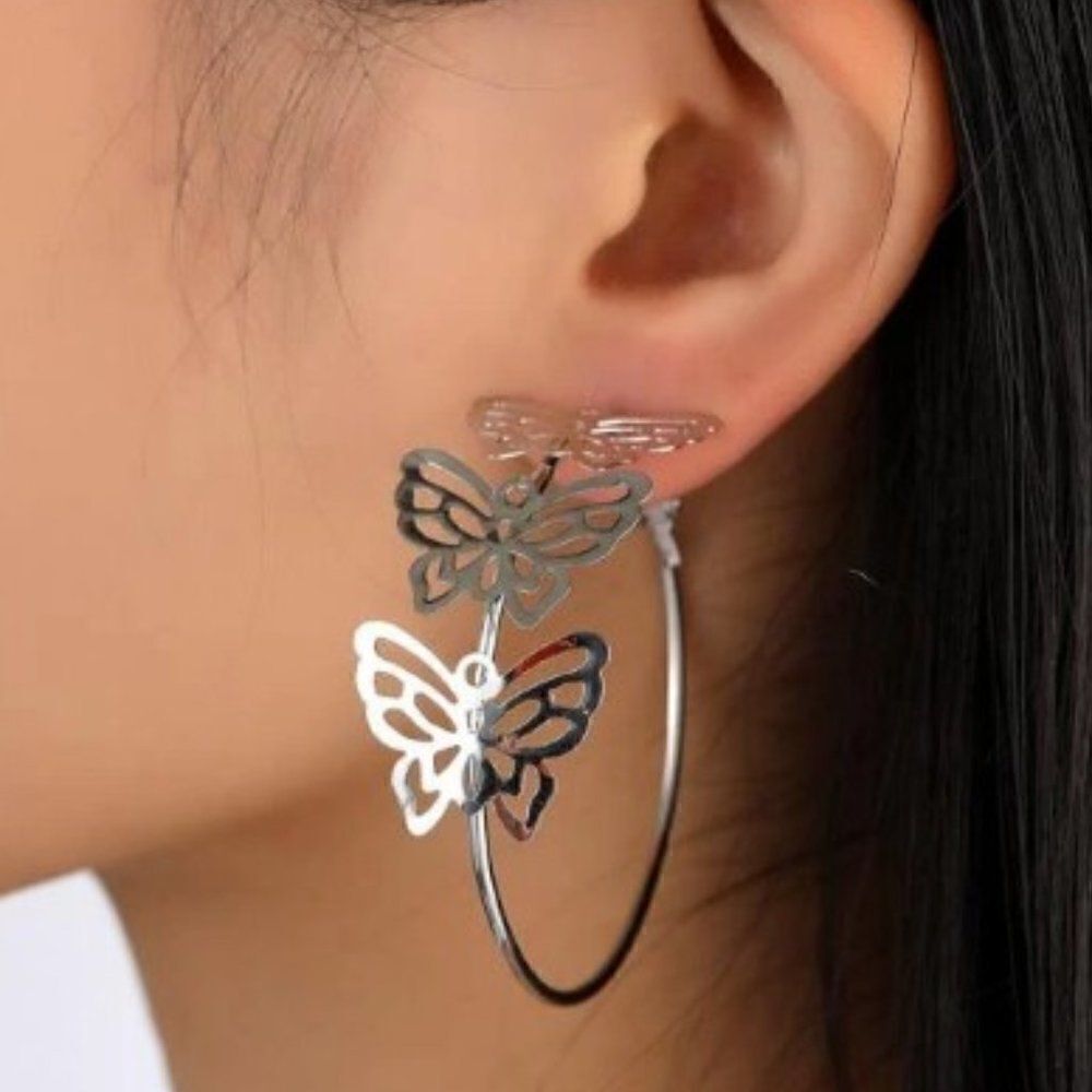 SILVER BUTTERFLY HOOP EARRINGS 